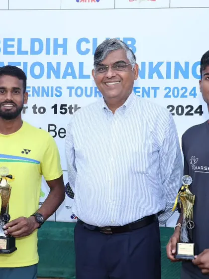 NTC's Anand Gupta and his partner Chandan Shivraj after winning the AITA 1 Lakh Men's Doubles tournament in Jamshedpur.