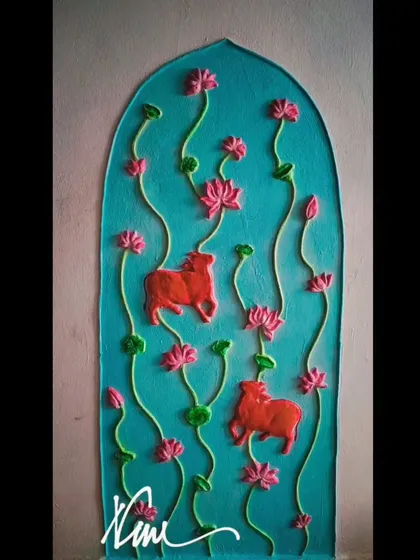 Here is the same Pichwai panel with a different color story. The bright red cows and pink lotuses give it such a vibrant and joyful energy. It shows how color can completely change the feeling of a piece.