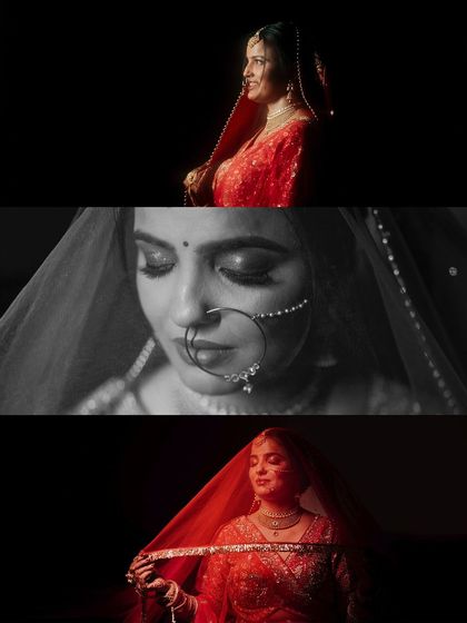 A triptych of dramatic bridal portraits. The use of red lighting and black and white creates a series of moody, artistic, and powerful images.