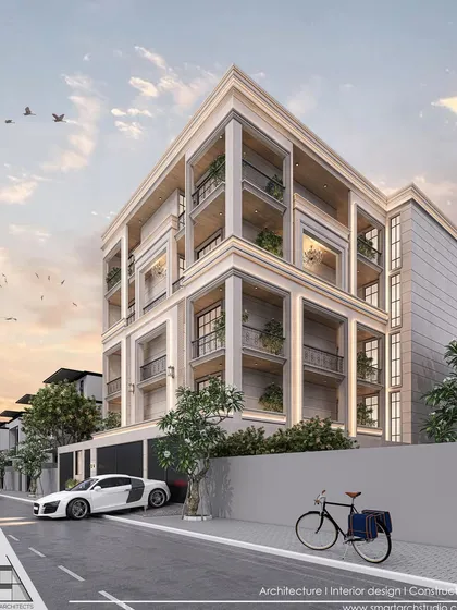 A corner perspective of the East Punjabi Bagh residence, showing the depth and layering of the façade. The consistent use of classical proportions and detailing creates a cohesive and elegant building.