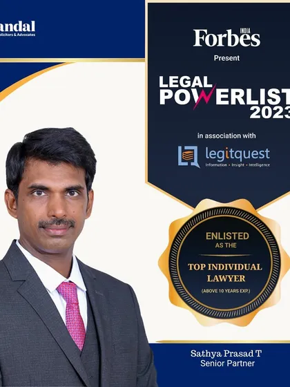 We are pleased to see our Senior Partner, Sathya Prasad T, ranked as a Top Individual Lawyer by Forbes India. This recognition is a testament to his vast experience and leadership within our firm and the broader legal industry.