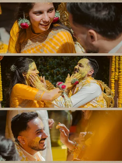 A collage capturing the playful side of the Haldi ceremony, with the bride and groom lovingly smearing turmeric on each other's faces.