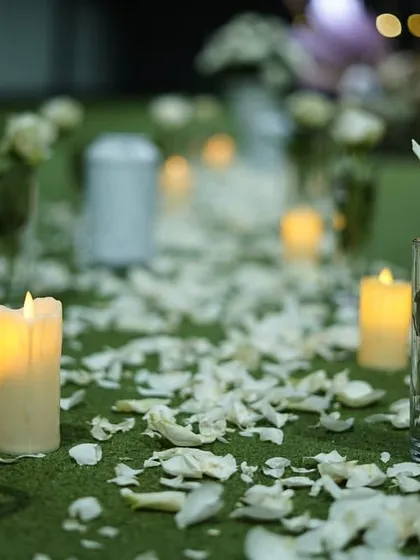 The pathway to "I do". We created this romantic aisle for a proposal using scattered white rose petals and single white roses in glass vases, with the soft glow of candles lighting the way.