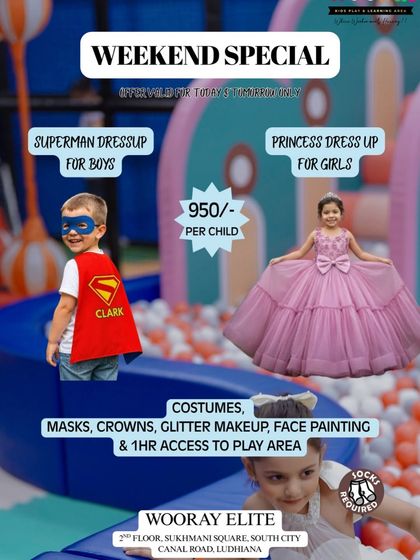 Our weekend special offers a magical dress-up experience. Boys can become Superman and girls can transform into princesses, complete with costumes, glitter makeup, and access to our play area.