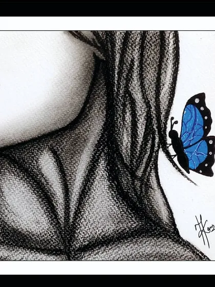 This piece is about finding color in a black and white world. I used charcoal to create the soft, textured sketch of the form and then added a single, vibrant blue butterfly in watercolor to represent those fleeting, beautiful moments in life.