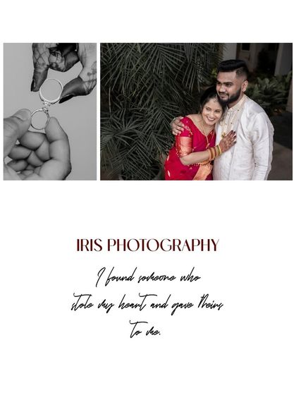 Another collage from the same engagement, showing a black and white detail of the ring and a color portrait of the happy couple.