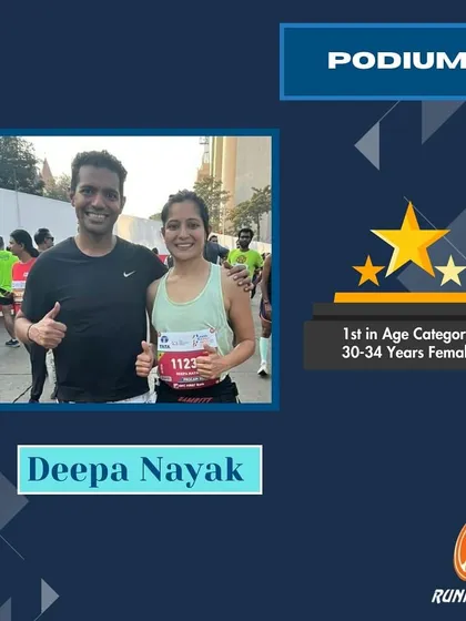 A huge congratulations to our coach, Deepa Nayak, for her first-place podium finish in her age category at the Tata Mumbai Marathon. Her performance is an inspiration to our entire team.