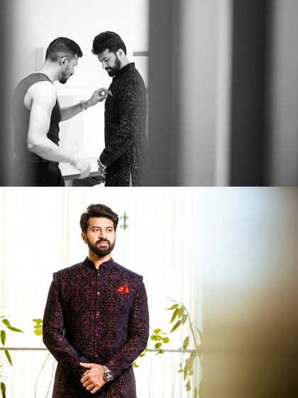 A behind-the-scenes shot of the groom getting ready, followed by a classic portrait.