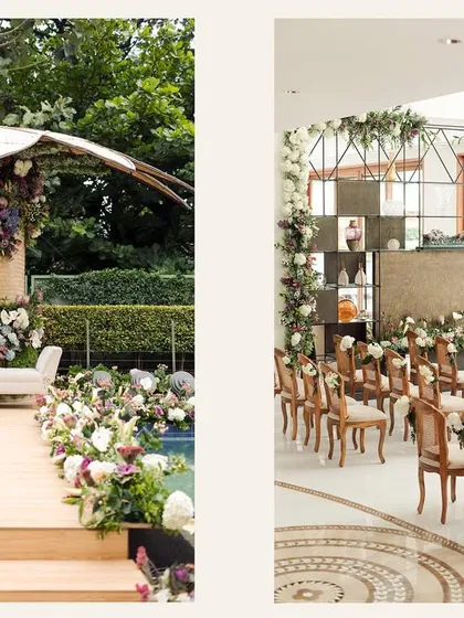 A collage showcasing the beautiful, sustainable decor of a home engagement. From the poolside mandap to the indoor seating, every detail was thoughtfully planned to create a dreamy and organic atmosphere.