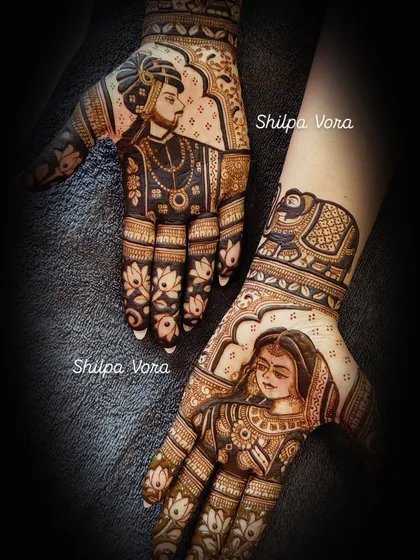 Full portrait bridal mehndi featuring the bride and groom. I take great care to capture likenesses and details in their wedding attire, making it a cherished part of the celebration.
