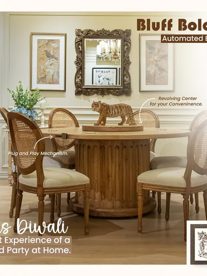 The Bluff Boldly automated bar, presented as an elegant round dining table. Its solid wood construction and classic design make it a welcoming centerpiece for meals and social gatherings.
