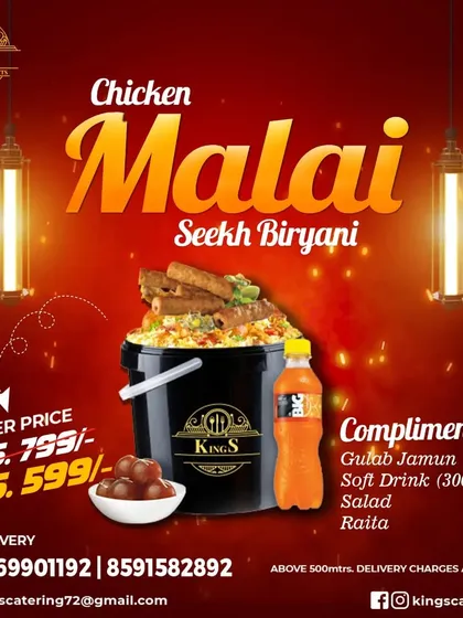 For those who love creamy flavors, my Chicken Malai Seekh Biryani bucket is a must-try. This 3kg bucket serves 4-5 people and comes with complimentary gulab jamun, a soft drink, salad, and raita.