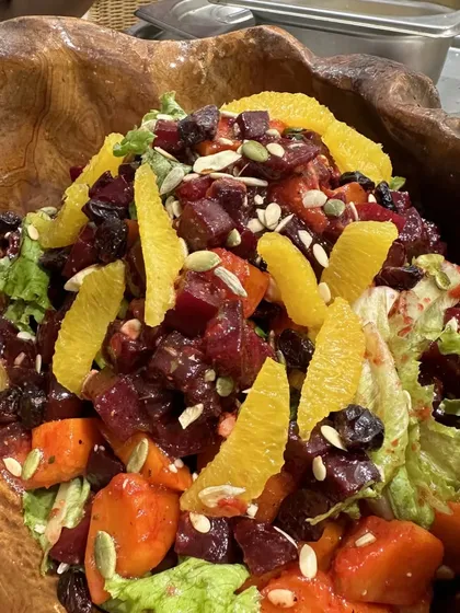 Even our salads are a feast for the senses. This beautiful bowl is filled with roasted beets, carrots, fresh oranges, and seeds, part of a vegetarian grazing table we created for Shahid and Mira Kapoor.
