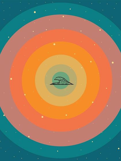 An abstract graphic element from the 'Tempos Futuros' album art, featuring a central wave icon surrounded by concentric colored circles.