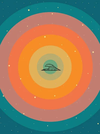 A graphic element designed for the "Tempos Futuros" LP by Alex Malheiros. This minimalist design, featuring a wave within concentric circles, acts as a visual motif that ties together the album's themes of cosmic sound waves and coastal vibes.