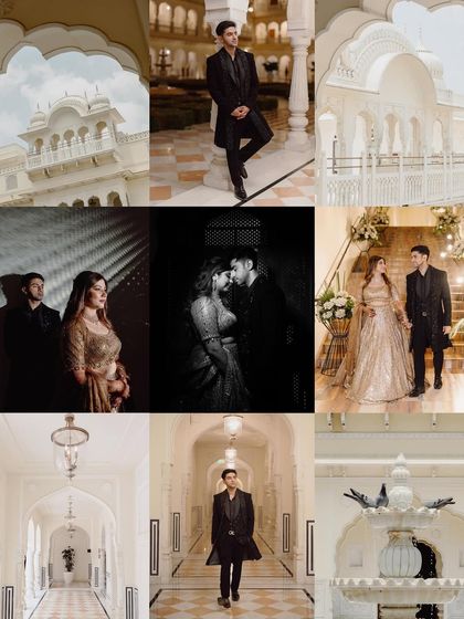 A mood board of moments from Shikha and Rupen's wedding, showcasing the elegant black-tie affair within the palace corridors.