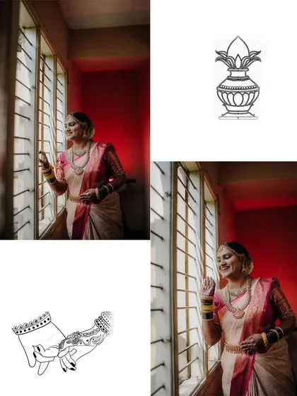 A creative bridal portrait, combining a photo with elegant line art illustrations. This adds a modern and artistic touch to the wedding album.