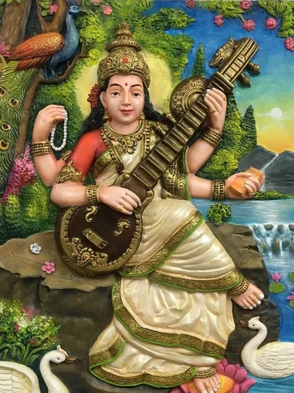 This complete view of our Saraswati 3D mural shows the goddess in a serene natural setting. This type of fibre artwork is perfect for a pooja room or a peaceful corner of your home, and it is lightweight and easy to install on any wall.