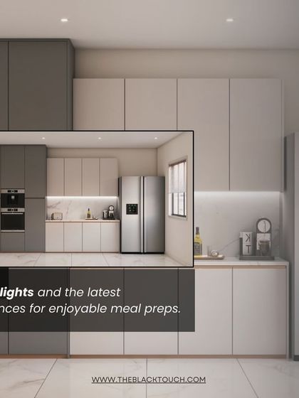 This kitchen render highlights the use of bright lights and modern appliances for an enjoyable meal prep experience. The combination of grey and white cabinets adds a contemporary touch.