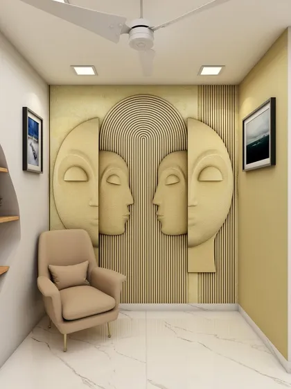 We create personalized spaces that reflect your passions. This 3D concept for a home library features a unique sculptural wall accent and comfortable seating, turning a simple corner into an artistic and tranquil reading nook.