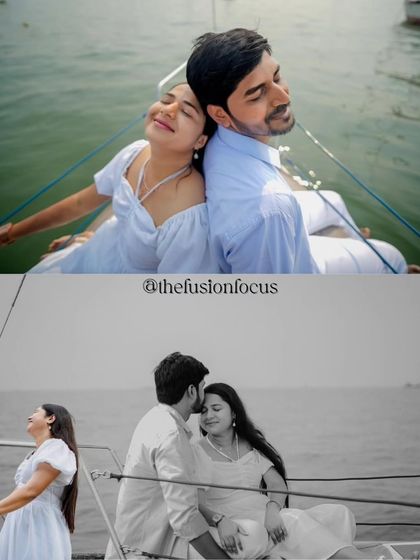 A yacht shoot off the coast of Mumbai offers a completely different perspective of the city. This collage shows both a relaxed, sun-soaked moment and a tender, intimate one, highlighting the luxury of a pre-wedding shoot on the water.