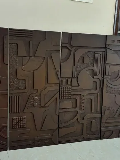 The four wooden panels arranged together in my studio. This shows how I plan the composition to ensure a seamless flow across the entire artwork.