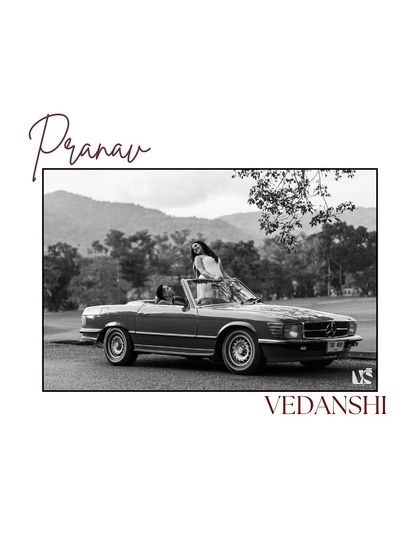 A classic black and white poster-style portrait of a couple with their vintage car in Thailand. The timeless edit and elegant typography give this pre-wedding photo a sophisticated, old-Hollywood feel.