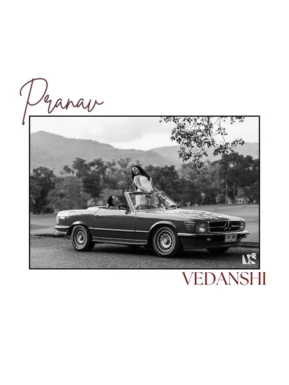 A classic black and white poster-style portrait of a couple with their vintage car in Thailand. The timeless edit and elegant typography give this pre-wedding photo a sophisticated, old-Hollywood feel.