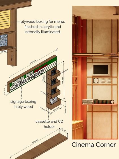 A detail sheet for the "Cinema Corner" at Mina Creamery, inspired by one of the founder's love for film. The drawing shows our plan for a custom plywood signage box and a holder for cassettes and CDs, adding a personal, nostalgic touch.