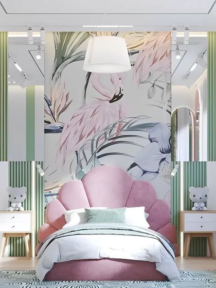 A whimsical girl's bedroom with a flamingo and tropical leaf theme. The shell-shaped bed and pastel green and pink tones create a dreamy and enchanting space.