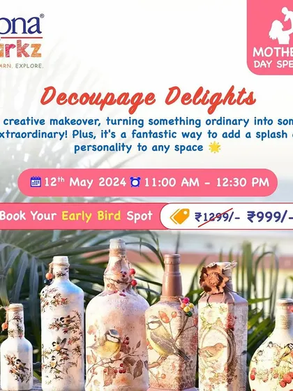 This promotional image showcases the beautiful results of our decoupage workshops. Learn to adorn bottles and other objects with intricate designs, perfect for creating unique gifts or adding a personal touch to your home decor.