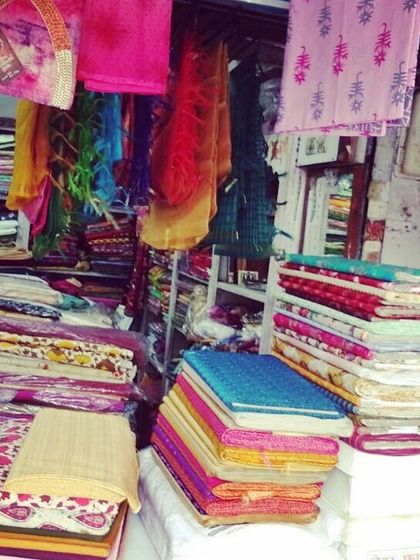 Another look at our fabric collection, with dupattas and suit sets waiting for our customers. We are located at Begum Zaidi Market in Moti Bagh.