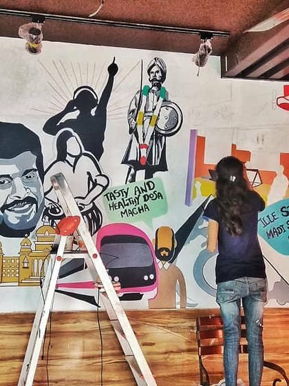 A work in progress shot of the Dosa Plaza mural. You can see how we combine different elements and styles into one cohesive collage.