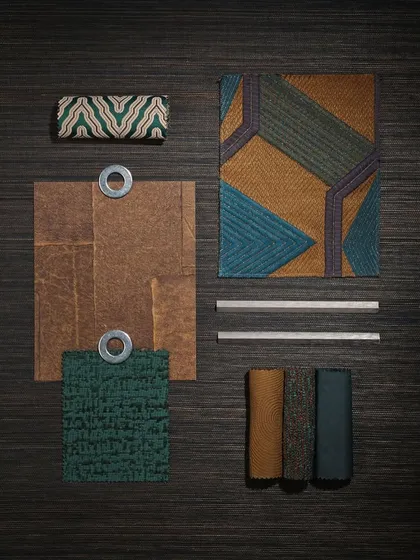 Every project begins with a sensory journey. This materials moodboard illustrates our process of layering textures and colors, combining bold geometric fabrics with rich, natural surfaces to create a dialogue between expressive design and quiet, contemplative moments.