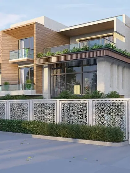 A daytime perspective of the luxury home, highlighting the texture of the wooden panels and the transparency of the glass balconies. The design includes a rooftop terrace with integrated greenery.