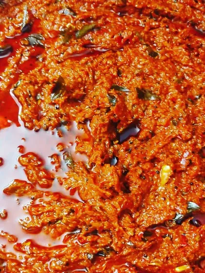 My spicy Pandumirapakaya pickle, made from fresh red chillies. This pickle has a unique, fiery taste that is a true Andhra specialty.