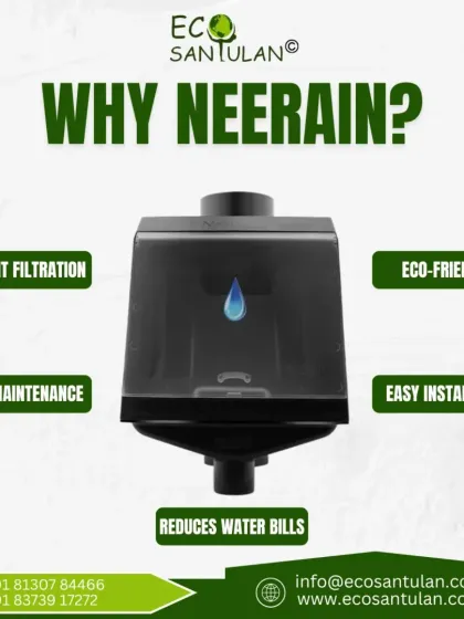 We designed the Neerain filter to be the perfect solution for water scarcity. This image breaks down the key benefits: it's efficient, eco-friendly, requires zero maintenance, is easy to install, and directly helps reduce your water bills.