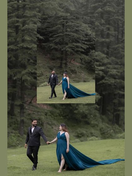 A dramatic pre-wedding shot in the misty forests of Mussoorie. The bride's flowing teal gown adds a beautiful contrast to the natural greenery, creating a fairytale-like image.
