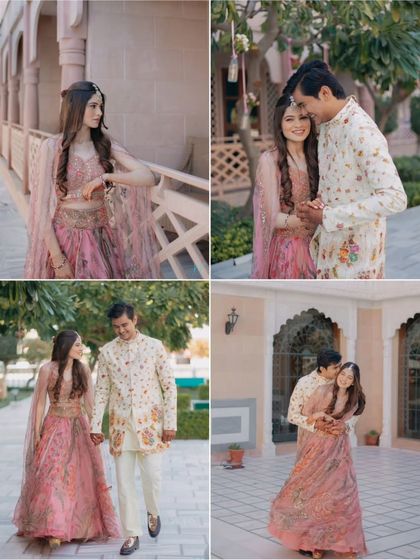 A collection of romantic couple portraits from a Mehendi ceremony at a palace, showing their loving interactions in a beautiful setting.