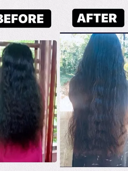 This before and after comparison shows a clear improvement in hair health and reduction in frizz. My oil works to smooth the hair cuticle for a healthier appearance.