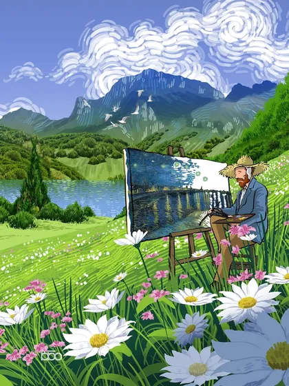 An artist sits in a field of daisies, painting a night scene in the middle of a bright day. This surreal illustration speaks to the power of memory and imagination, showing how an artist can access any time or place through their work.
