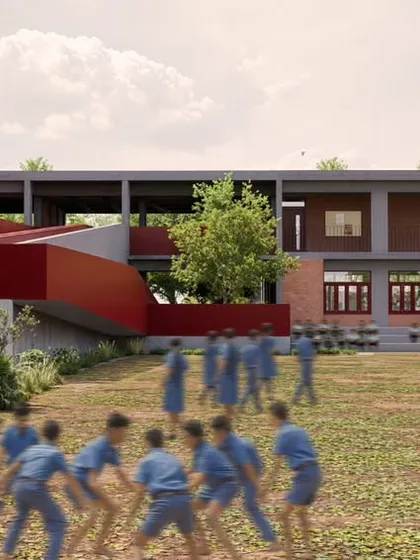 This rendering shows a school we designed in the Mandya district, conceived as a vital community hub. The architecture opens towards public grounds with tiered seating, creating a space for both academic learning and community engagement. It reflects our commitment to creating public buildings with a meaningful social impact.