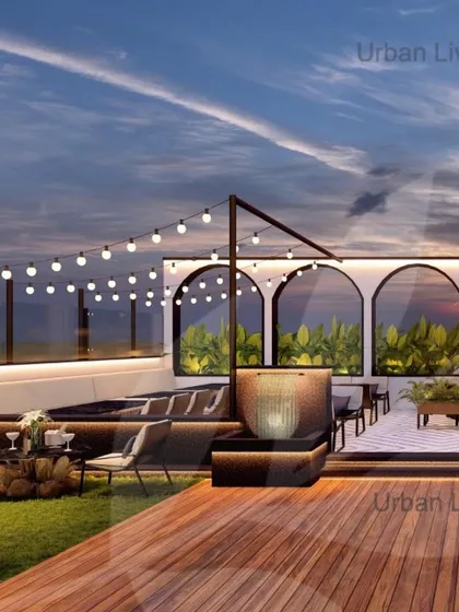 A 3D render of a new rooftop restaurant I'm designing. The concept includes a mix of lounge seating and dining areas, with string lights and a central water feature creating a serene and magical ambiance at sunset.