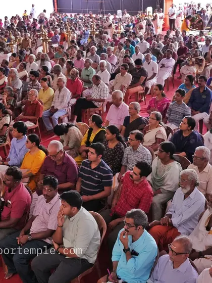 The large and attentive audience at the Malliyoor Mahaganapathy Temple. The turnout shows the deep connection people have with their faith and culture in Kerala.