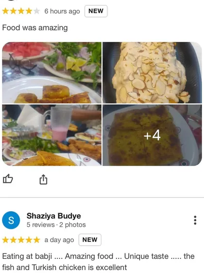 "Amazing food... Unique taste." A Google review praising our fish and Turkish chicken, accompanied by photos of their delicious meal.