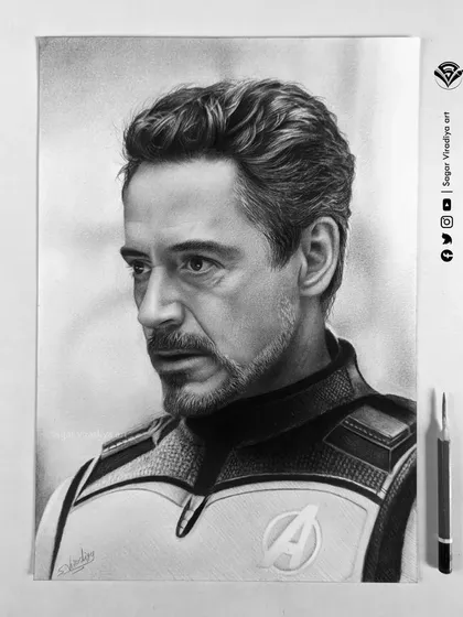 This is my completed pencil sketch of Robert Downey Jr. as Tony Stark. Created on A4 size Brustro paper, this piece of fan art shows the level of realism I aim for, capturing the character's intense expression and the texture of his suit.