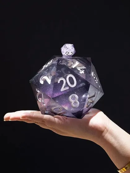 A lifestyle shot showing the scale of a giant D20 die. This image connects the product to the user and highlights its unique size and impressive detail.