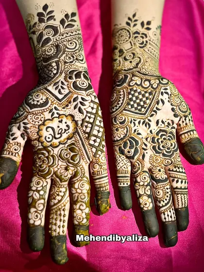 Another view of the intricate party henna design, showing the beautiful details and the dark, rich color.