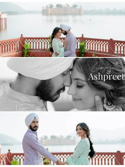 A collage of Gurpreet and Ashpreet's romantic moments at Jal Mahal, including a beautiful black-and-white close-up that focuses on their emotion.