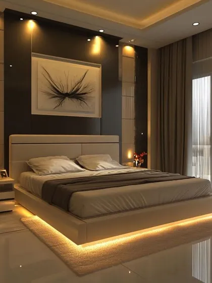 A modern bedroom showcasing dramatic lighting effects, with under-bed LED strips and strategically placed spotlights. The high-gloss wall panels and minimalist furniture contribute to the sleek, contemporary vibe.